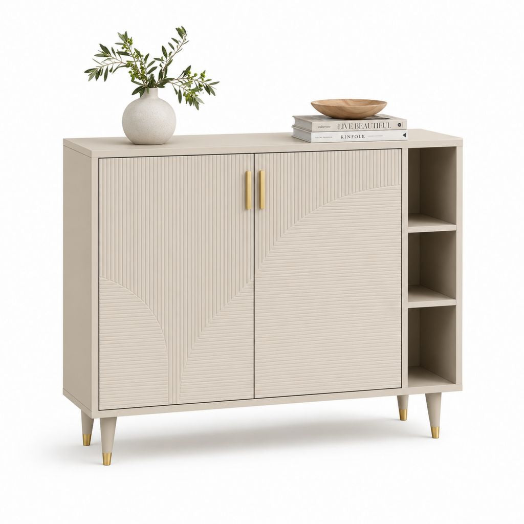 Buffet de buffet beige et d'or en MDF avec 2 portes et 3 compartiments ouverts, 120 × 40 × 100 cm