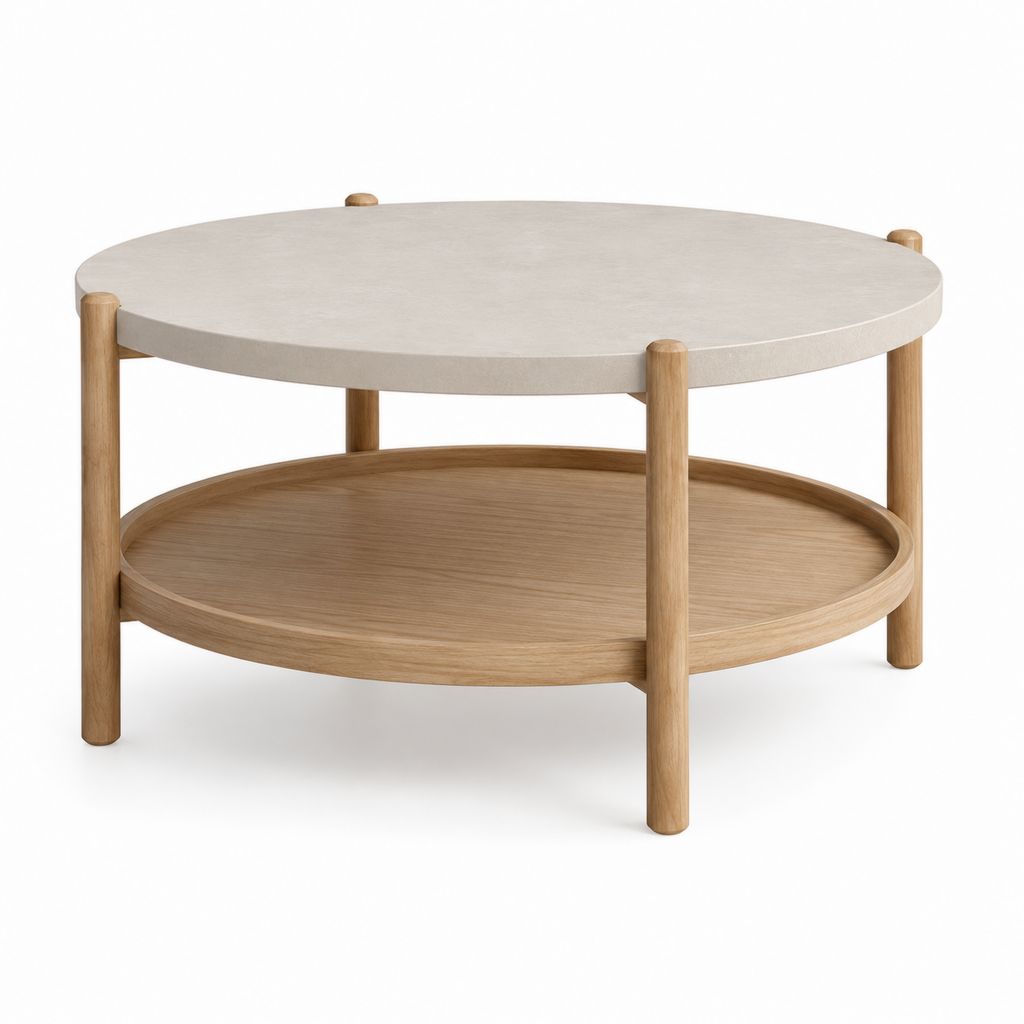 Table basse ronde de salon à 2 étagères en MDF et bois, beige et chêne naturel, Ø 80 x H 45 cm