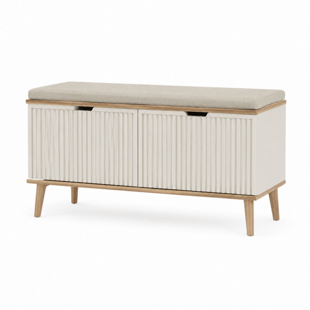 Scarpiera avec banc rembourré rectangulaire à 2 portes en MDF et bois, blanc cassé, chêne naturel et beige, 100 × 35 × 60 cm