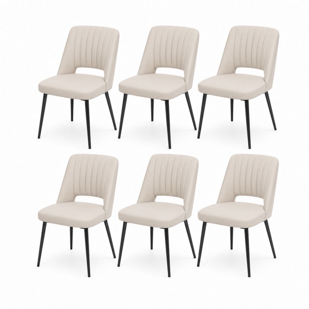 Ensemble de 6 chaises rembourrées en cuir synthétique PU beige avec dossier arrondi et jambes en acier noir, 50 × 57 × 84 cm