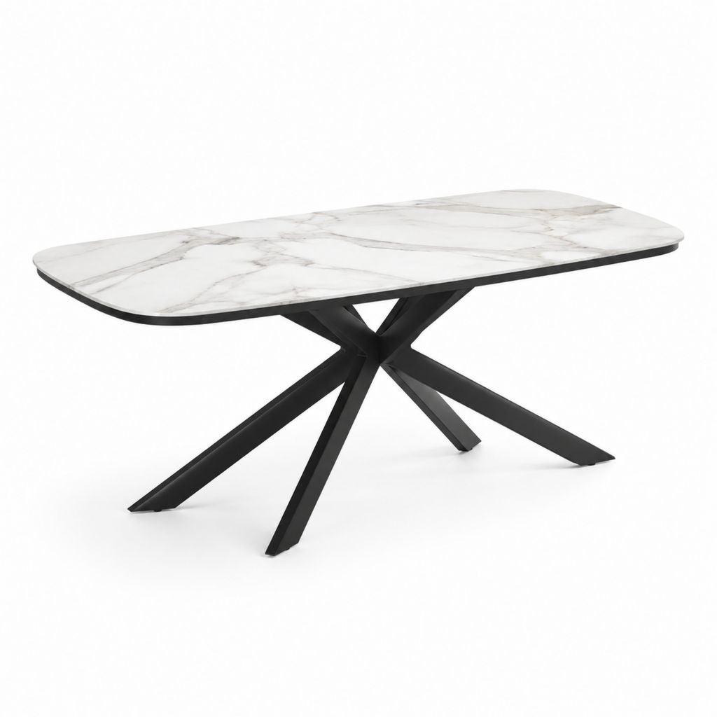 Table à manger rectangulaire 180 × 90 × 76 cm avec plateau en céramique effet marbre blanc et base en acier noir