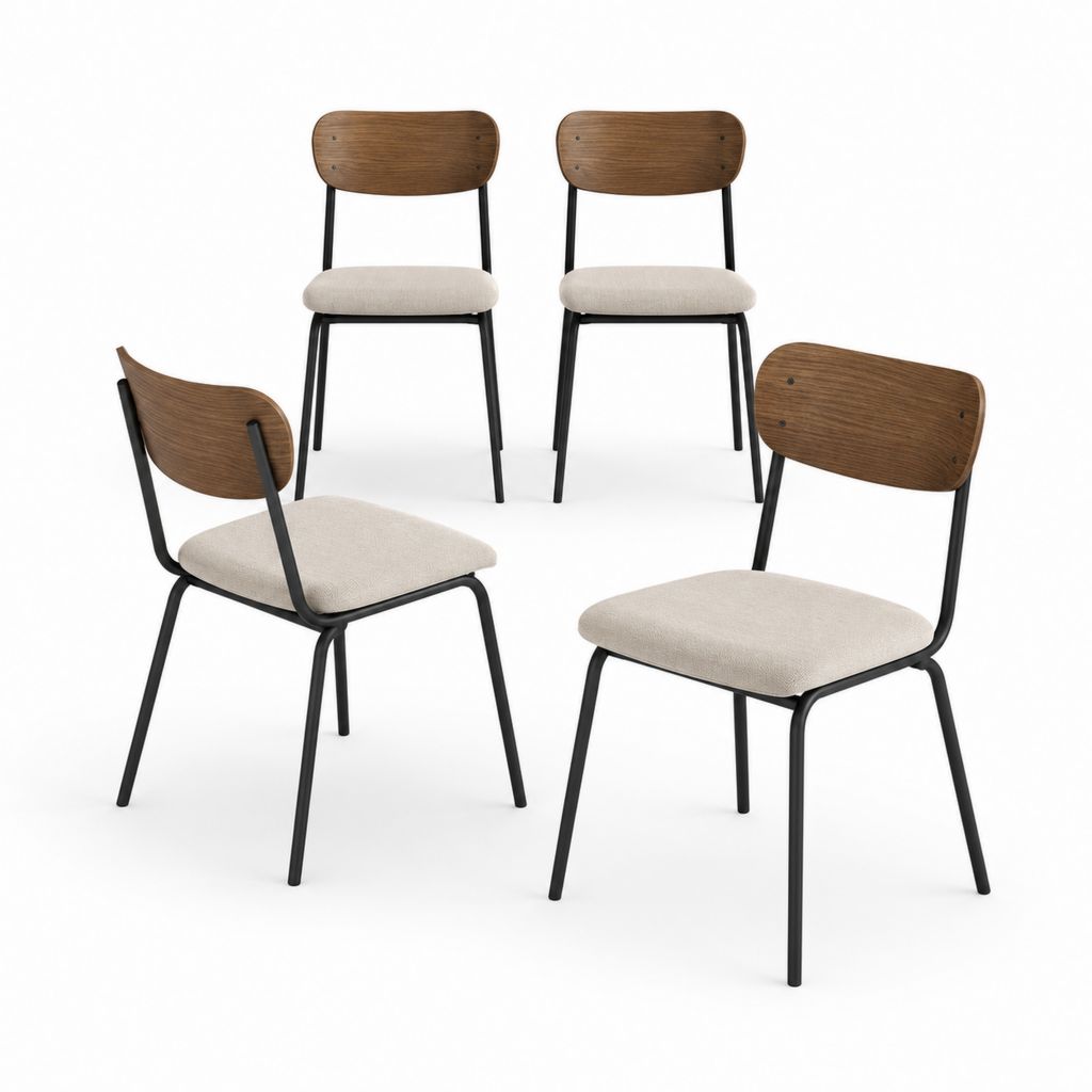 Ensemble de 4 chaises à manger en acier, bois et tissu beige, noyer et noir, 46 × 53 × 80 cm
