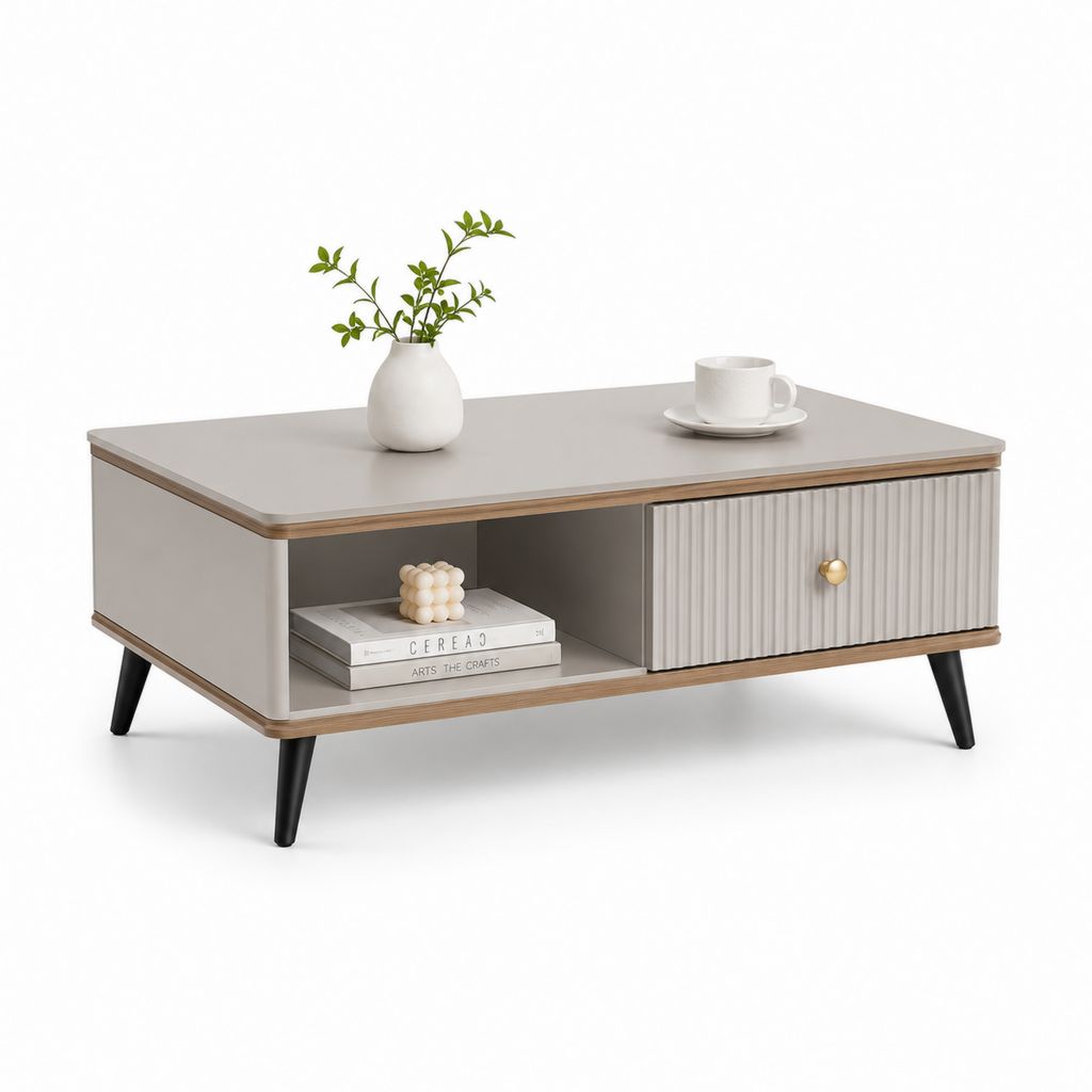 Table basse rectangulaire en MDF avec tiroir et compartiment ouvert, tourterelle, brun et noir, 100 × 55 × 42 cm