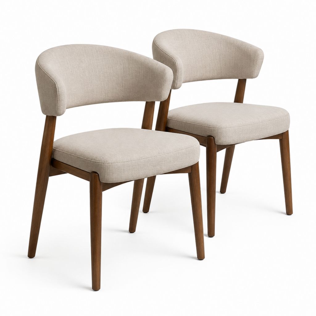 Ensemble de 2 chaises à manger rembourrées en tissu beige et bois massif marron avec dossier courbé, 59 × 57 × 77 cm