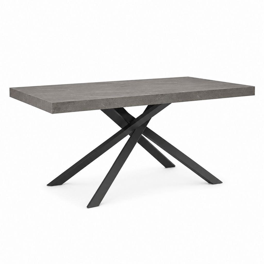 Table à manger rectangulaire en MDF effet marbre et acier, gris et noir, 160 × 90 × 76 cm