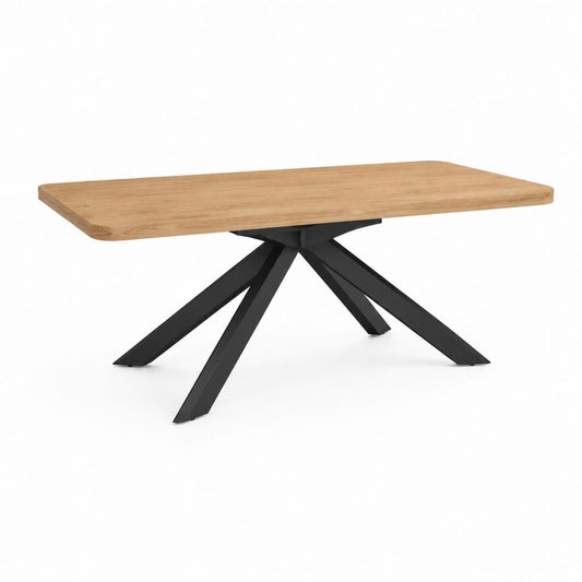 Table rectangulaire 180 × 90 × 76 cm en MDF plaqué chêne avec base centrale en acier noir