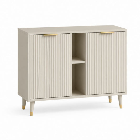 Buffet rectangulaire en MDF et panneau à outils avec 2 portes rainurées et 2 compartiments ouverts, beige et or, 120 × 40 × 85 cm