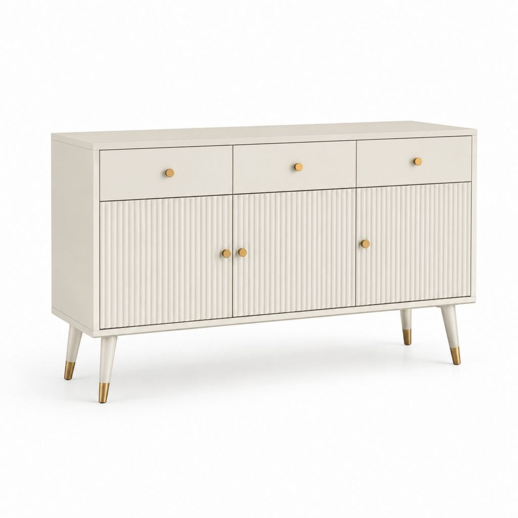 Buffet rectangulaire en MDF avec 3 portes rainurées et 3 tiroirs, blanc cassé et or, 140 × 40 × 85 cm