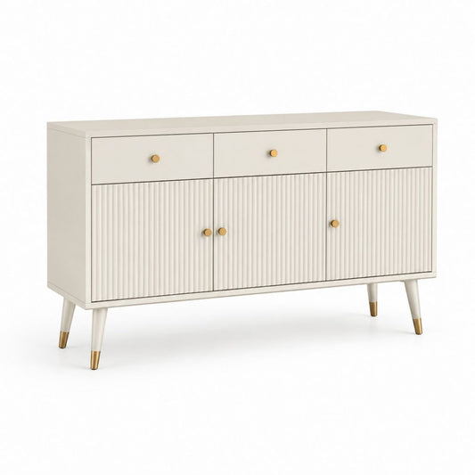 Buffet rectangulaire en MDF avec 3 portes rainurées et 3 tiroirs, blanc cassé et or, 140 × 40 × 85 cm