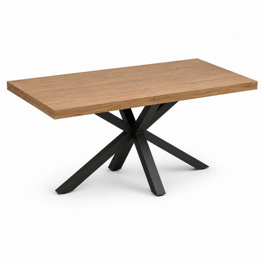 Table à manger extensible rectangulaire en MDF plaqué chêne et acier noir, 160-200 × 90 × 76 cm