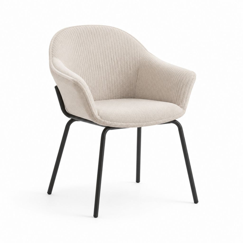 Chaise à manger avec accoudoirs en tissu beige et jambes en acier noir, 60 × 59 × 82 cm