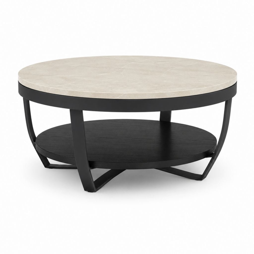 Table basse ronde en bois et acier avec plateau en marbre beige et plateau noir, Ø 90 × H 45 cm