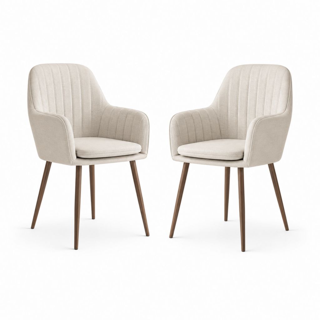 Paire de chaises rembourrées avec accoudoirs en polyester beige et jambes en acier effet noyer, 61 × 62 × 84 cm