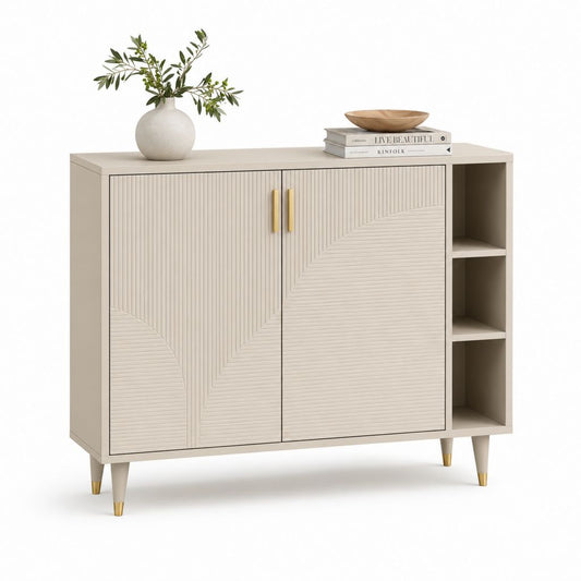 Buffet de buffet beige et d'or en MDF avec 2 portes et 3 compartiments ouverts, 120 × 40 × 100 cm