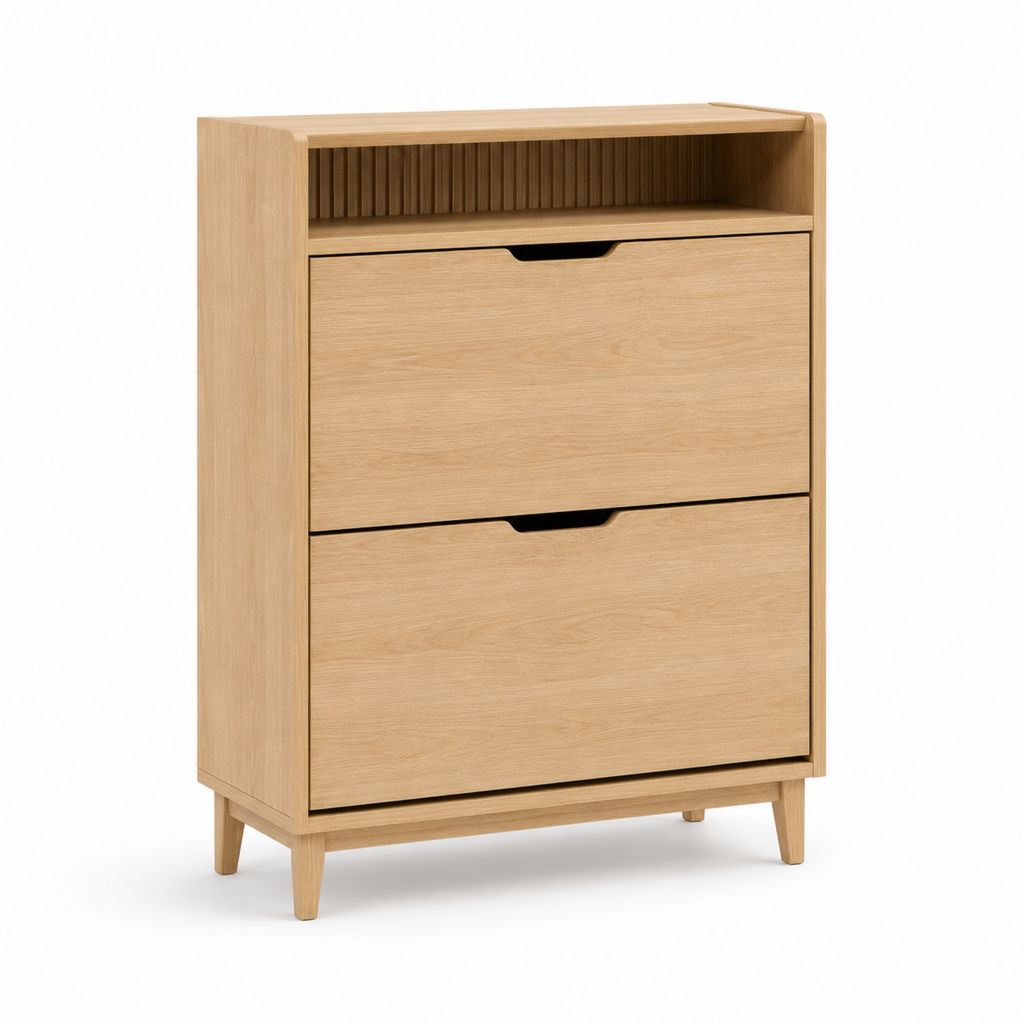 Scarpiera rectangulaire en bois effet chêne naturel avec 2 compartiments à bascule et compartiment ouvert, 80 × 25 × 120 cm