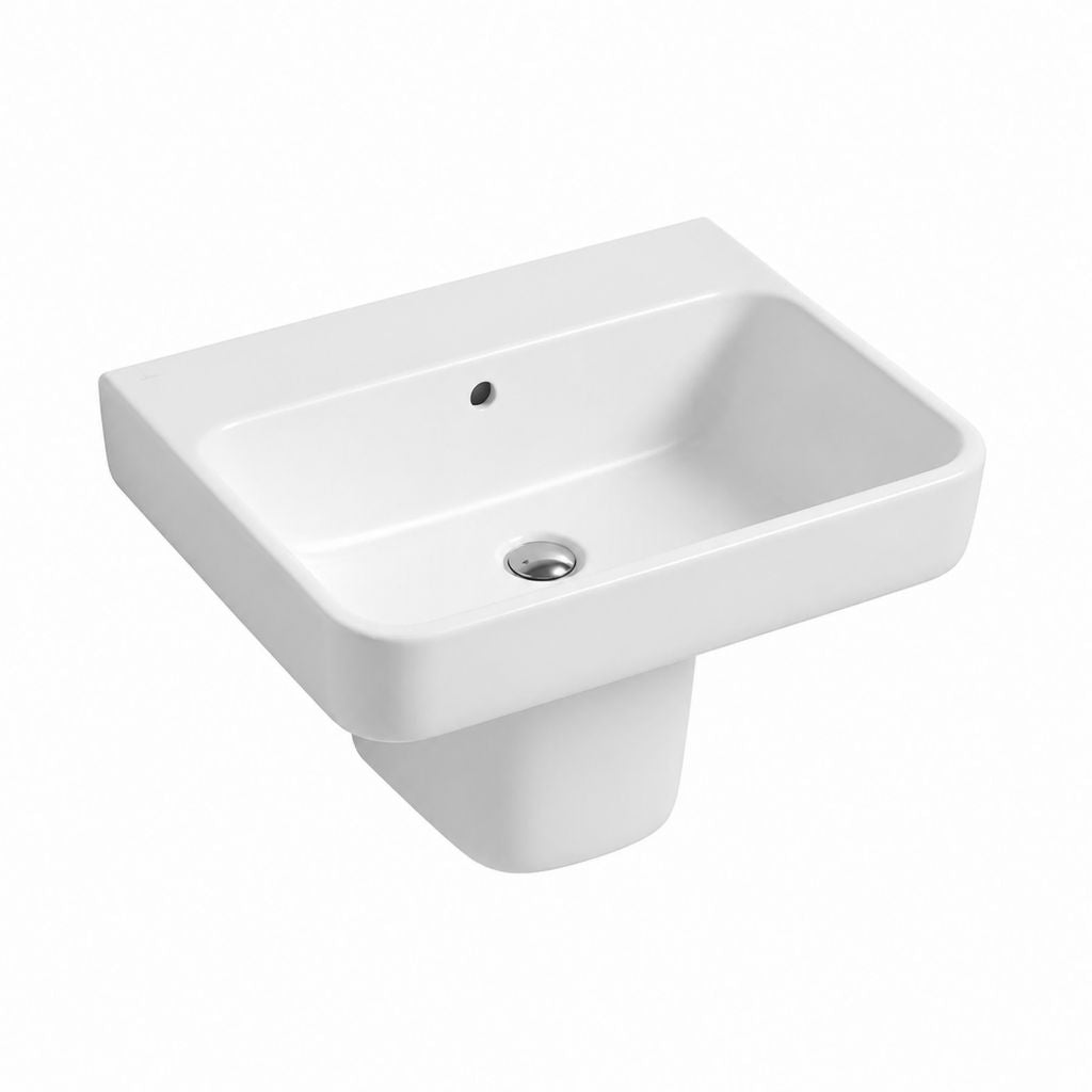 Lavabo suspendu rectangulaire en céramique sanitaire avec semi-colonne, blanc brillant, 60 × 48 × 17 cm, ensemble de 2 pièces