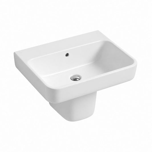 Lavabo suspendu rectangulaire en céramique sanitaire avec semi-colonne, blanc brillant, 60 × 48 × 17 cm, ensemble de 2 pièces