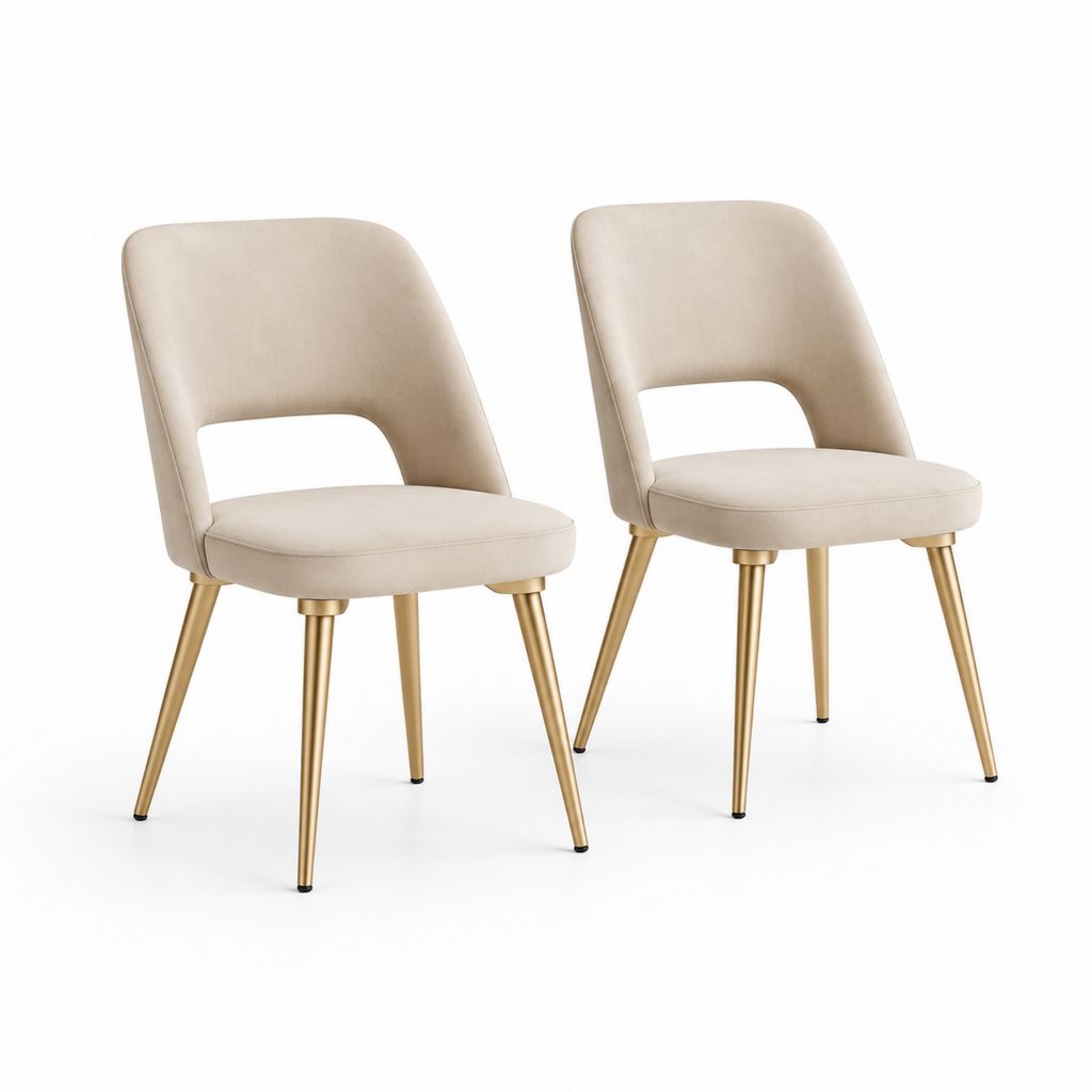 Ensemble de 2 chaises à manger rembourrées en polyester beige avec dossier façonné et jambes en acier doré, 48 × 56 × 82 cm