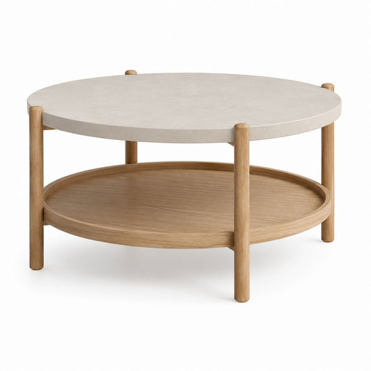 Table basse ronde de salon à 2 étagères en MDF et bois, beige et chêne naturel, Ø 80 x H 45 cm