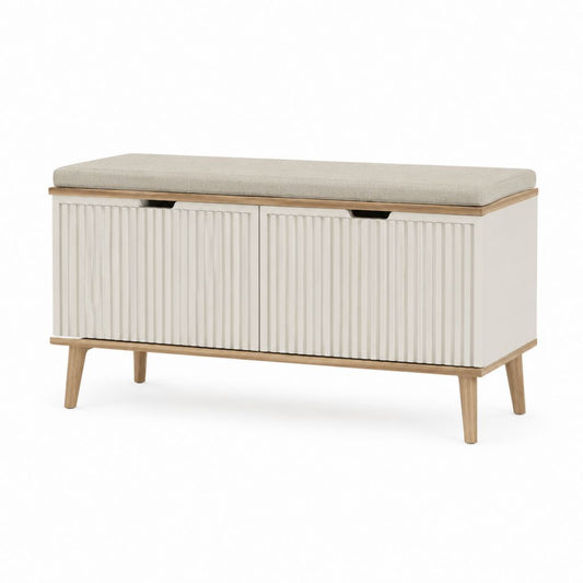 Scarpiera avec banc rembourré rectangulaire à 2 portes en MDF et bois, blanc cassé, chêne naturel et beige, 100 × 35 × 60 cm