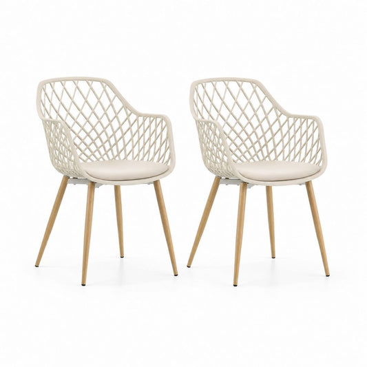 Ensemble de 2 chaises à manger beige avec accoudoirs, dossier réticulé et jambes en acier effet chêne, 56 × 60 × 82 cm