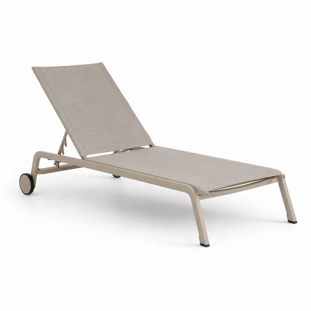 Lit d'extérieur réglable avec roues, structure en aluminium et filet en polyester recouvert de PVC, tourterelle, 200 × 70 × 34 cm