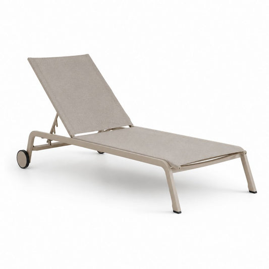 Lit d'extérieur réglable avec roues, structure en aluminium et filet en polyester recouvert de PVC, tourterelle, 200 × 70 × 34 cm