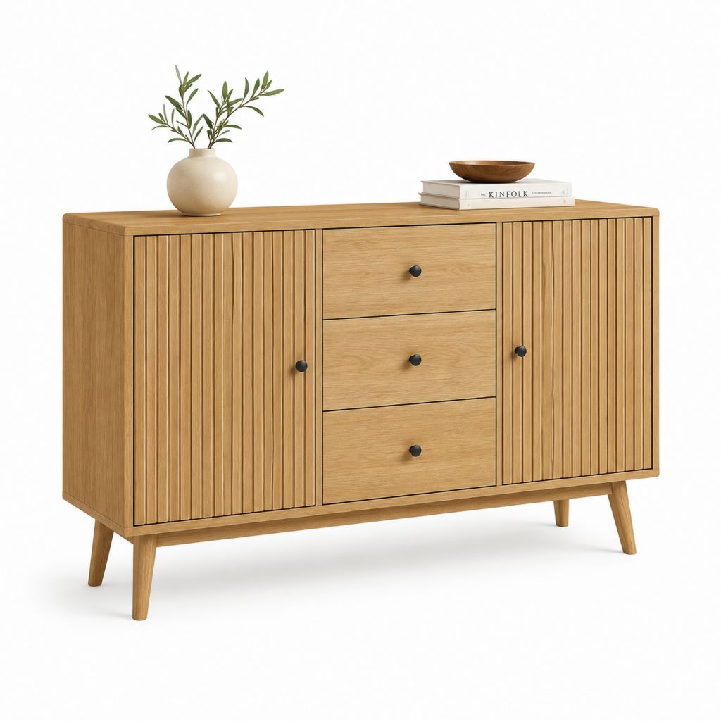 Croyance conteneur rectangulaire en bois avec 2 portes rainurées et 3 tiroirs, chêne naturel, 120 × 40 × 80 cm