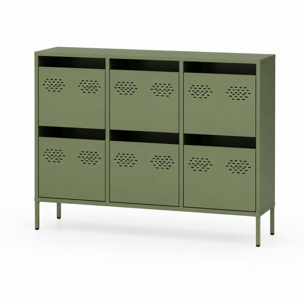 Croyance récipient en acier peint à la poudre avec 6 portes, vert olive, 120 × 35 × 92 cm