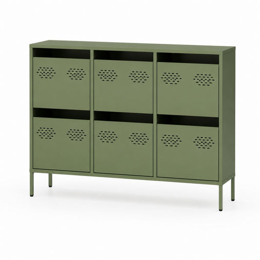 Croyance récipient en acier peint à la poudre avec 6 portes, vert olive, 120 × 35 × 92 cm
