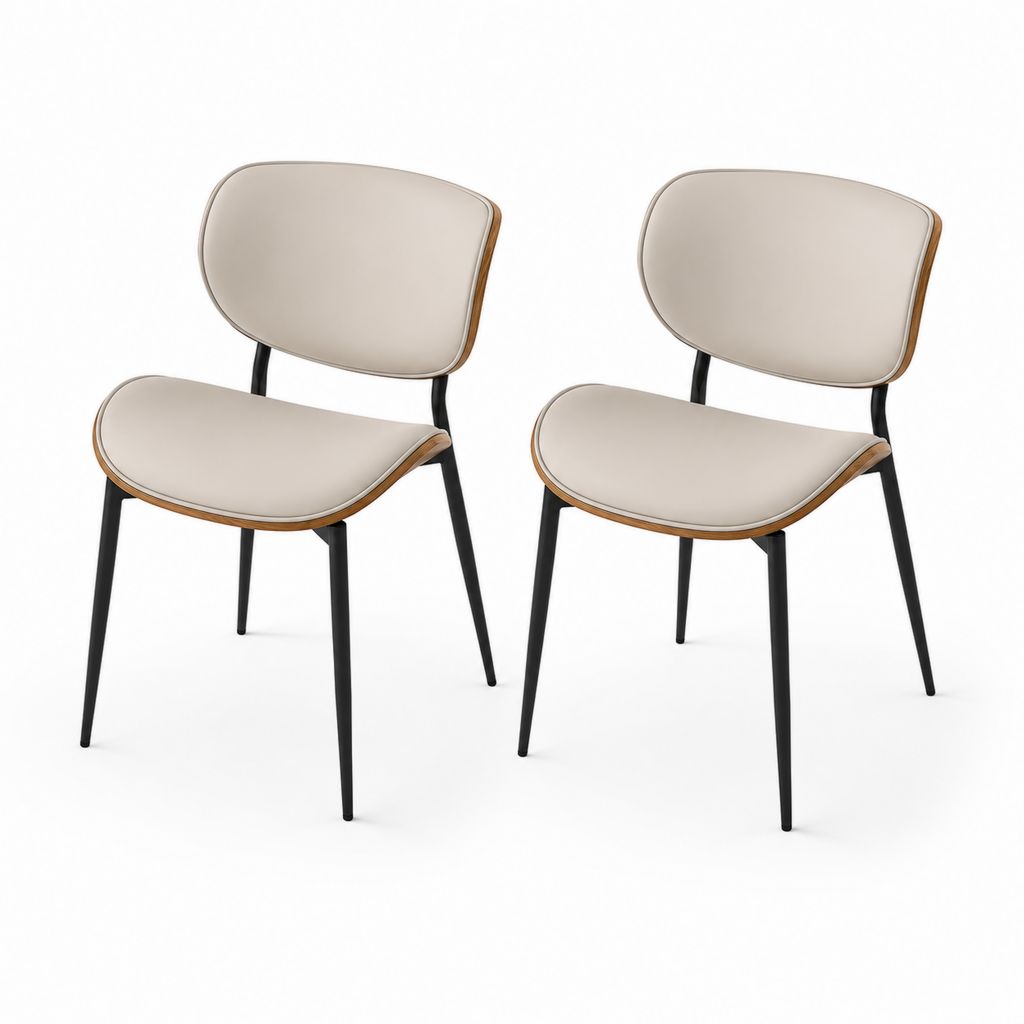 Ensemble de 2 chaises à manger rembourrées en cuir synthétique PU et bois multicouche avec pieds en acier, tourterelle, noir et chêne naturel, 49 × 54 × 80 cm