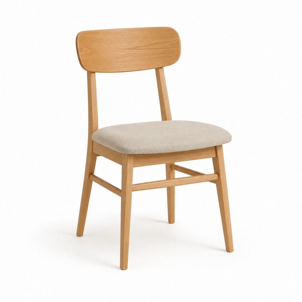 Chaise à manger rembourrée en bois et tissu beige, chêne naturel, 48 × 53 × 82 cm
