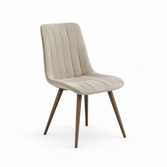 Chaise à manger rembourrée en velours beige avec dossier arrondi et jambes en acier effet bois, 46 × 55 × 87 cm