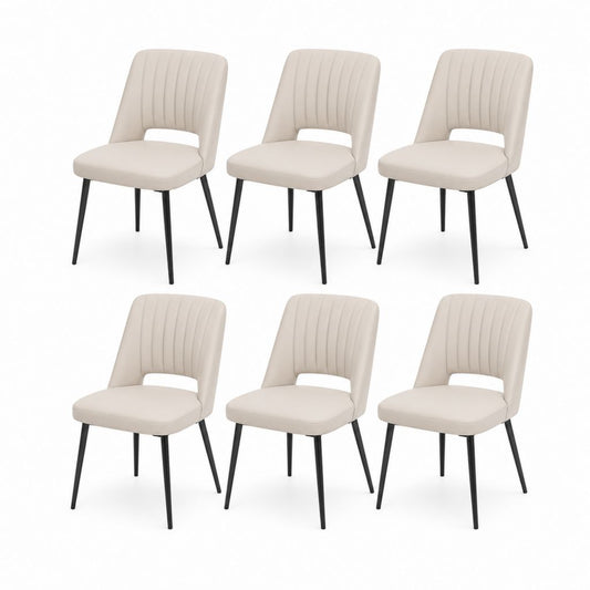 Ensemble de 6 chaises rembourrées en cuir synthétique PU beige avec dossier arrondi et jambes en acier noir, 50 × 57 × 84 cm