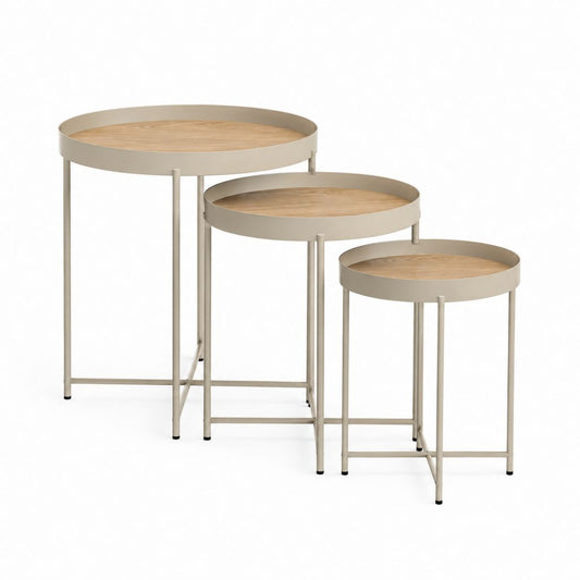 Ensemble de 3 tables rondes en bois MDF et acier beige, Ø 50 × H 60 cm, Ø 40 × H 50 cm et Ø 30 × H 40 cm