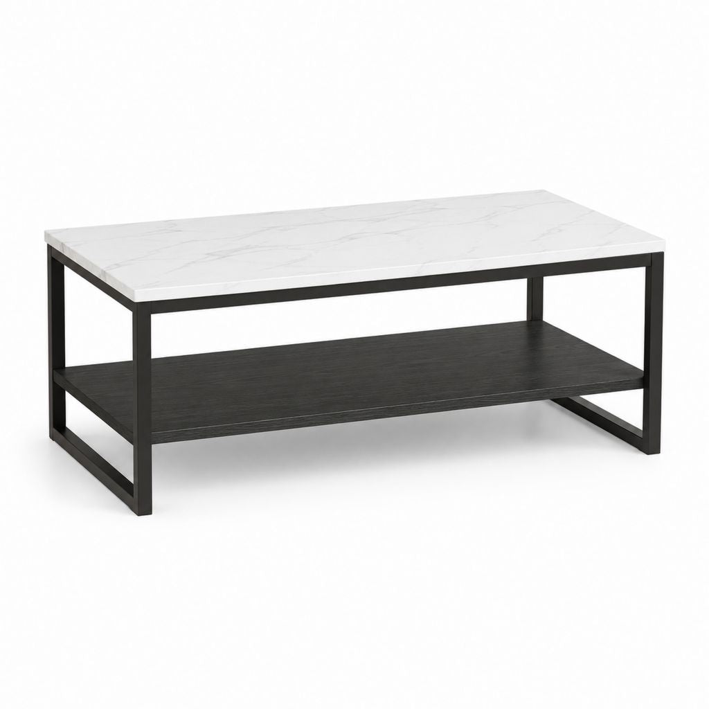 Table basse de salon rectangulaire en MDF effet marbre blanc et gris avec plateau et structure en acier noir, 100 × 50 × 45 cm