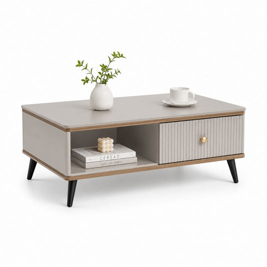 Table basse rectangulaire en MDF avec tiroir et compartiment ouvert, tourterelle, brun et noir, 100 × 55 × 42 cm