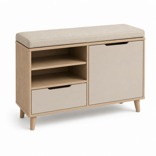 Scarpiera avec banc rembourré en MDF et polyester, chêne naturel, beige et tourterelle, 100 × 35 × 80 cm