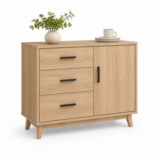 Croyance en bois effet chêne naturel et noir avec 3 tiroirs et 1 porte, 100 × 40 × 85 cm